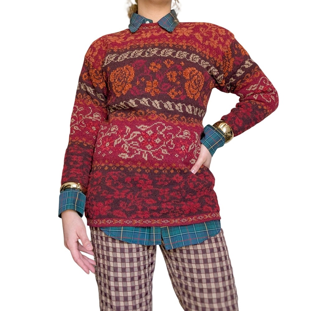 Vintage 90s Laura Ashley Folk Nordic Autumn Tone Tapestry Floral Wool Sweatshirt